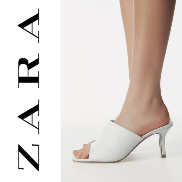 NEW Zara White 100% Genuine Soft Leather Slip On Sandals Heeled Mules Size 10 - Picture 2 of 9